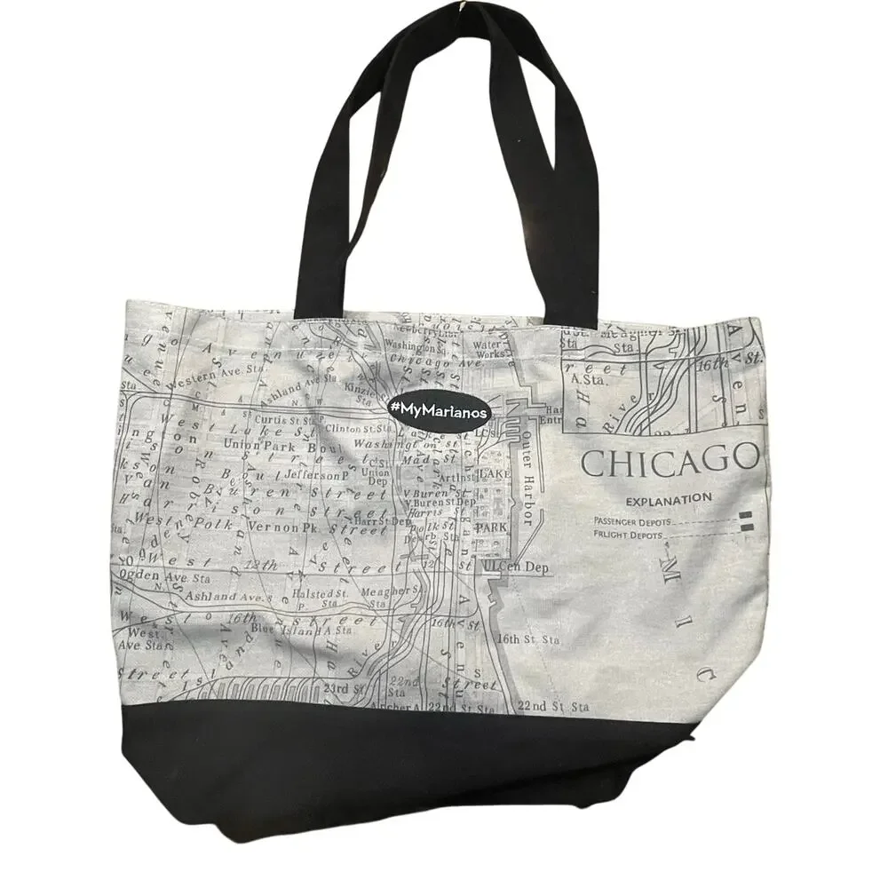 Marianos Chicago Map Tote Bag Black Gray Reusable Canvas - Picture 1 of 6